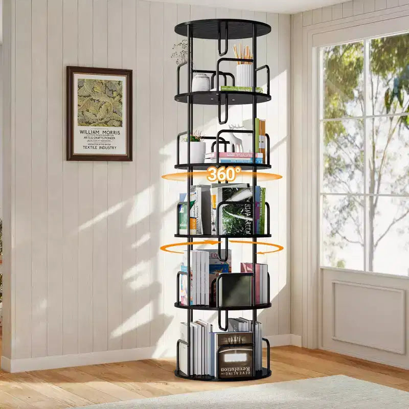 Étagère Tour Pivotante à 360° et 5 Niveaux de 157 cm, en MDF noir et fer, Étroite et Haute (Organisateur de Rangement Peu Encombrant)