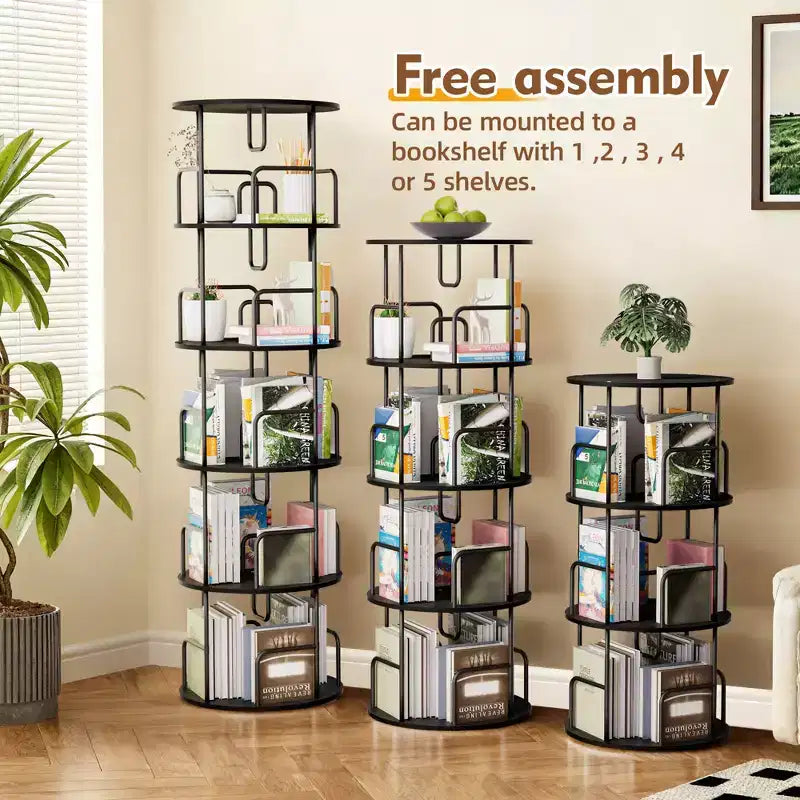 Étagère Tour Pivotante à 360° et 5 Niveaux de 157 cm, en MDF noir et fer, Étroite et Haute (Organisateur de Rangement Peu Encombrant)