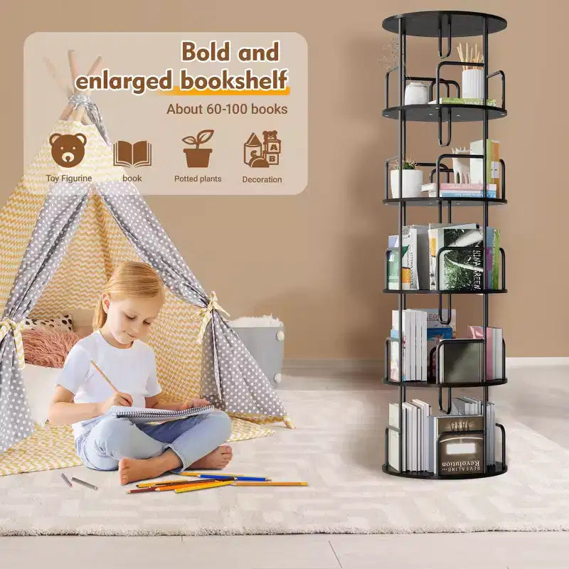 Étagère Tour Pivotante à 360° et 5 Niveaux de 157 cm, en MDF noir et fer, Étroite et Haute (Organisateur de Rangement Peu Encombrant)