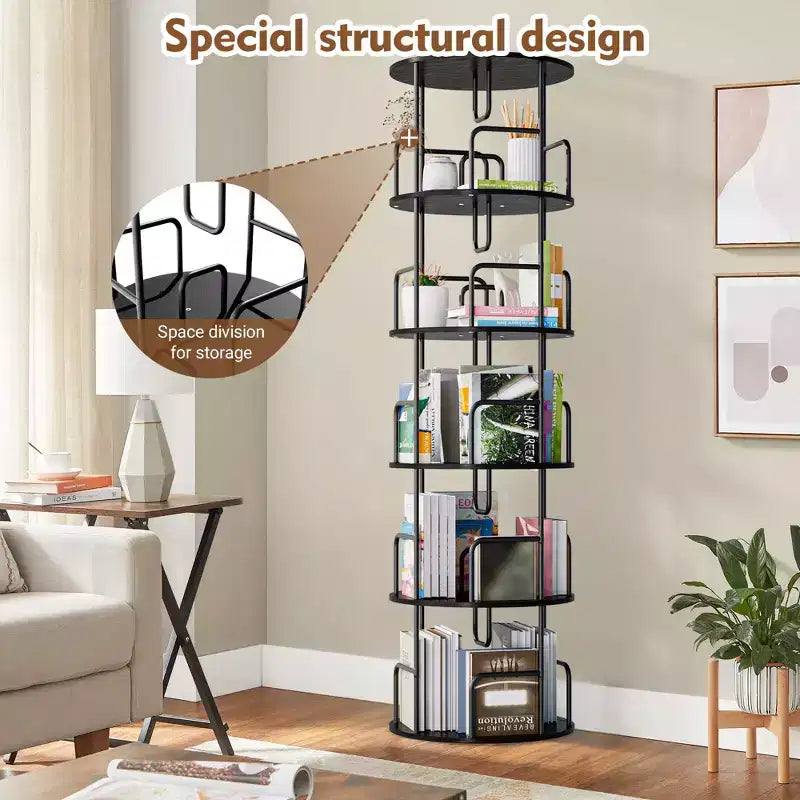 Étagère Tour Pivotante à 360° et 5 Niveaux de 157 cm, en MDF noir et fer, Étroite et Haute (Organisateur de Rangement Peu Encombrant)