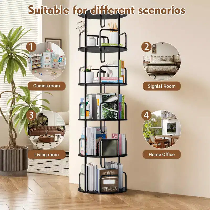 Étagère Tour Pivotante à 360° et 5 Niveaux de 157 cm, en MDF noir et fer, Étroite et Haute (Organisateur de Rangement Peu Encombrant)