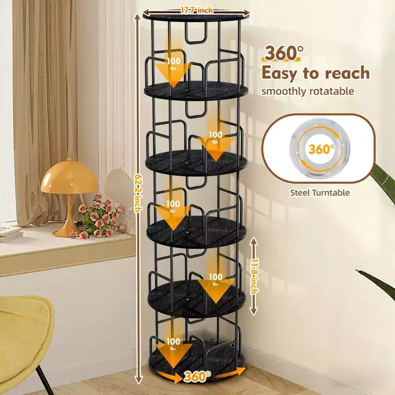 Étagère Tour Pivotante à 360° et 5 Niveaux de 157 cm, en MDF noir et fer, Étroite et Haute (Organisateur de Rangement Peu Encombrant)