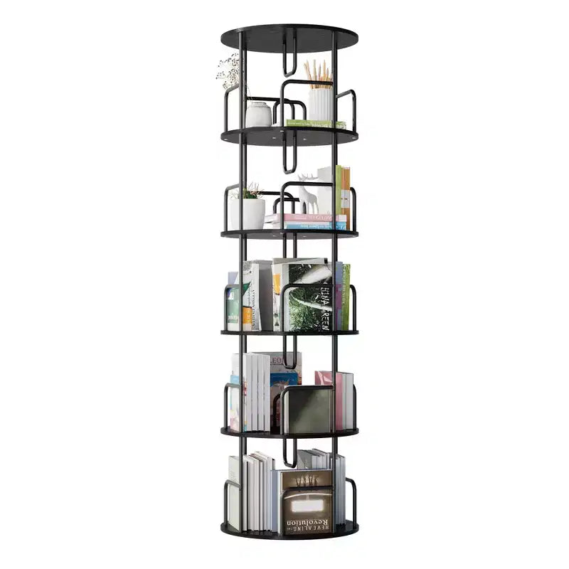 Étagère Tour Pivotante à 360° et 5 Niveaux de 157 cm, en MDF noir et fer, Étroite et Haute (Organisateur de Rangement Peu Encombrant)