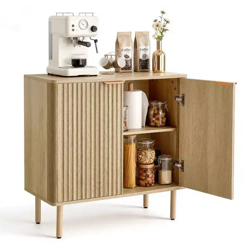 Mid Century Fluted Coffee Bar Cabinet with Adjustable Storage Shelves