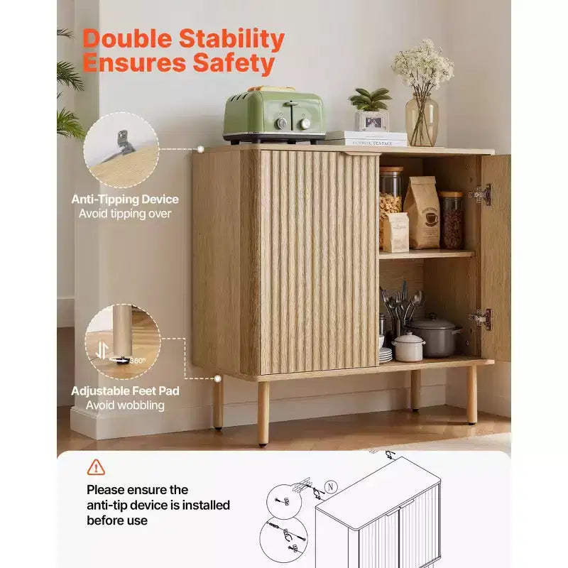 Meuble de bar à café cannelé Mid-Century avec étagères de rangement réglables
