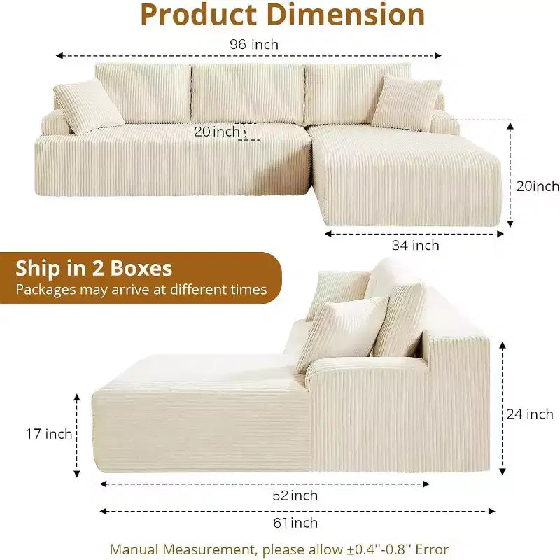 Canapé sectionnel en L Cloud de 244 cm avec méridienne, canapé en velours côtelé sans ossature avec siège profond, canapé rembourré modulaire moderne, aucun assemblage requis