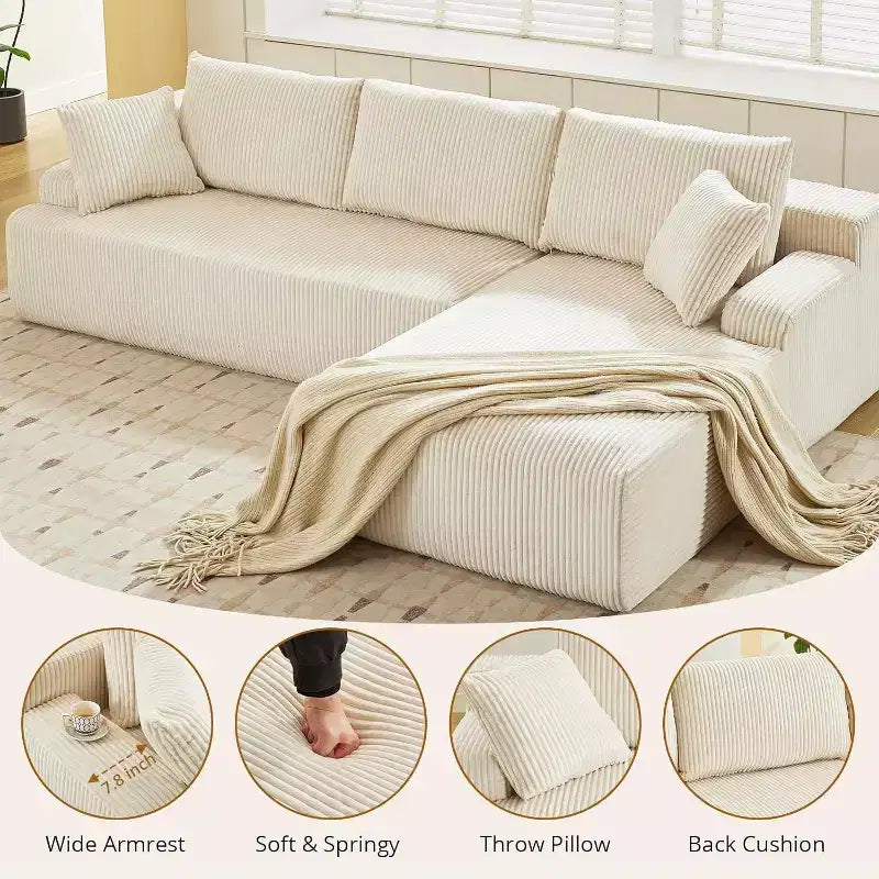 Canapé sectionnel en L Cloud de 244 cm avec méridienne, canapé en velours côtelé sans ossature avec siège profond, canapé rembourré modulaire moderne, aucun assemblage requis