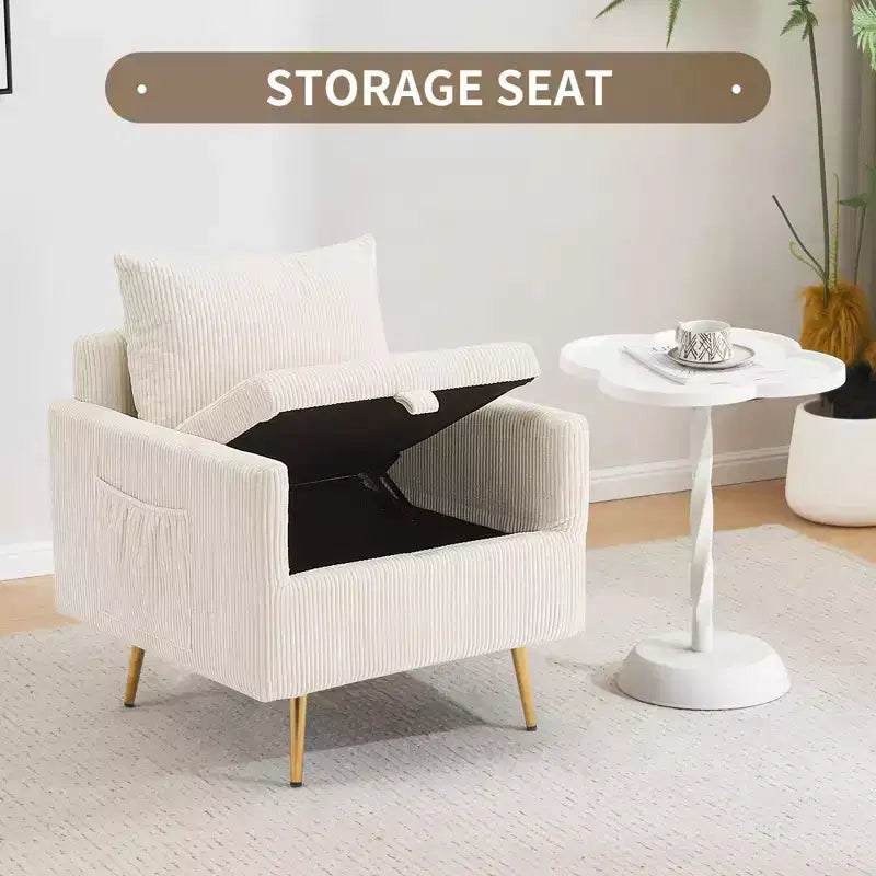 Canapé individuel en velours côtelé douillet avec rangement relevable et poche latérale