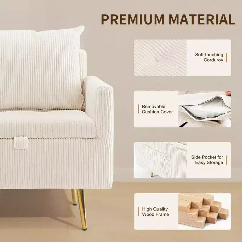 Canapé individuel en velours côtelé douillet avec rangement relevable et poche latérale