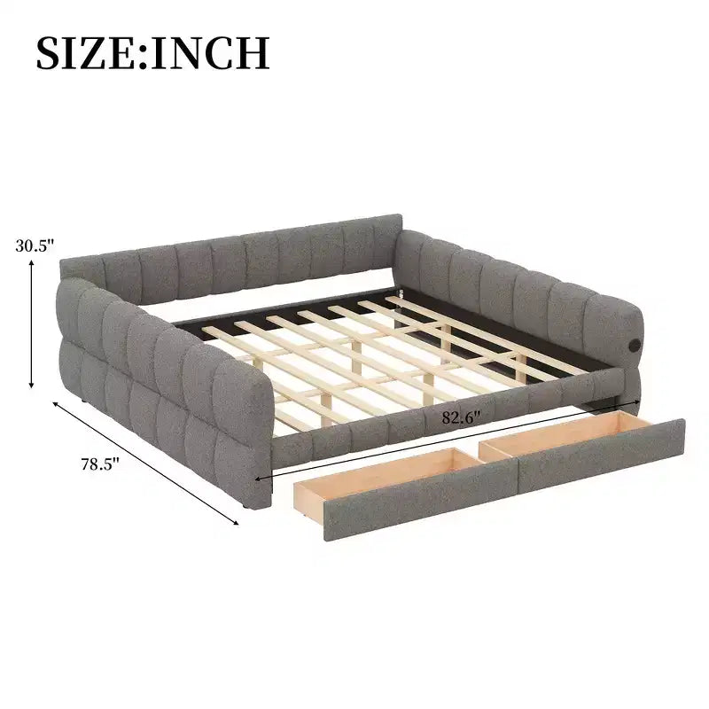 Lit plateforme rembourré King Size avec port USB et 2 tiroirs