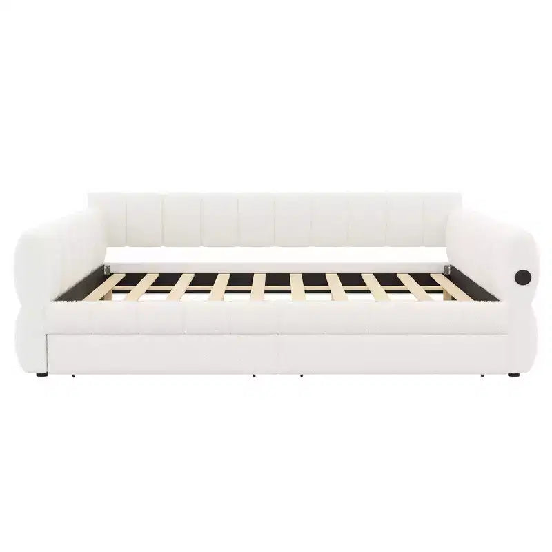 Lit plateforme rembourré King Size avec port USB et 2 tiroirs