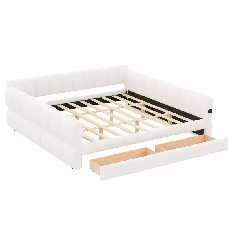 Lit plateforme rembourré King Size avec port USB et 2 tiroirs