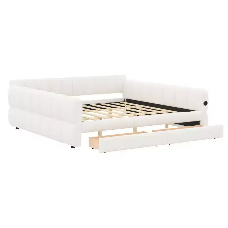 Lit plateforme rembourré King Size avec port USB et 2 tiroirs