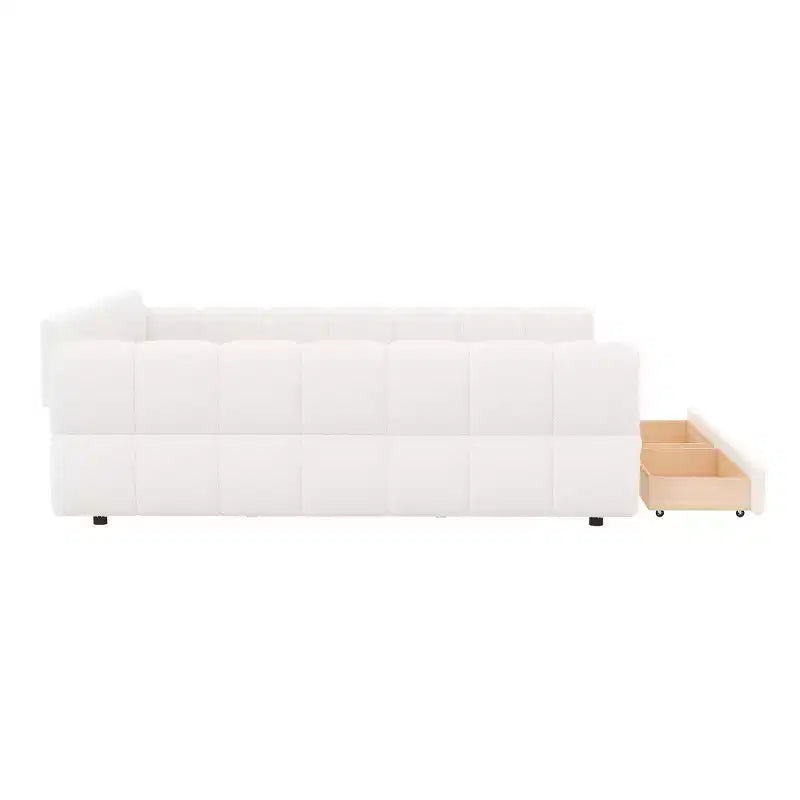 Lit plateforme rembourré King Size avec port USB et 2 tiroirs