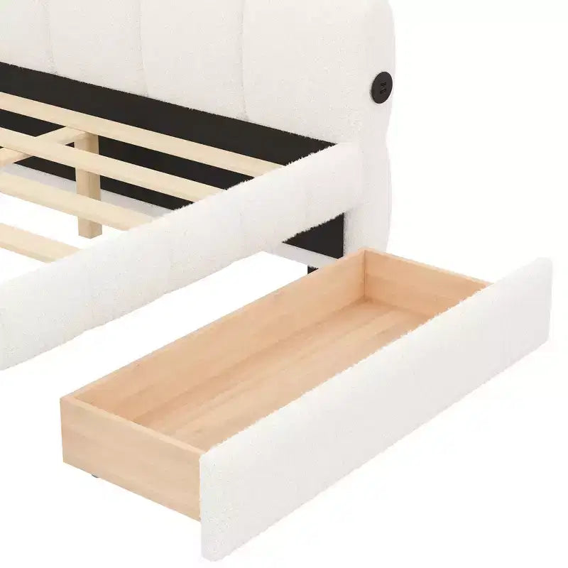 Lit plateforme rembourré King Size avec port USB et 2 tiroirs