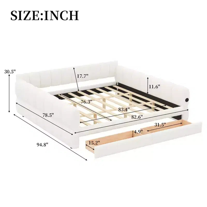 Lit plateforme rembourré King Size avec port USB et 2 tiroirs