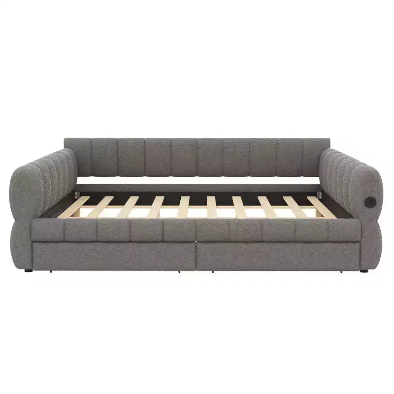 Lit plateforme rembourré King Size avec port USB et 2 tiroirs