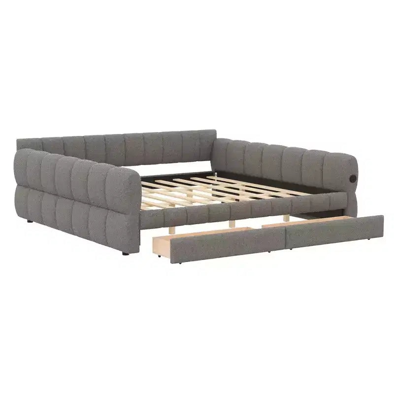 Lit plateforme rembourré King Size avec port USB et 2 tiroirs