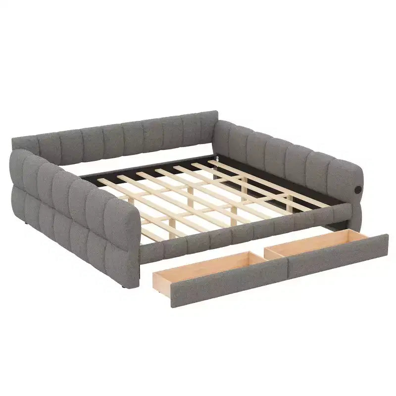 Lit plateforme rembourré King Size avec port USB et 2 tiroirs