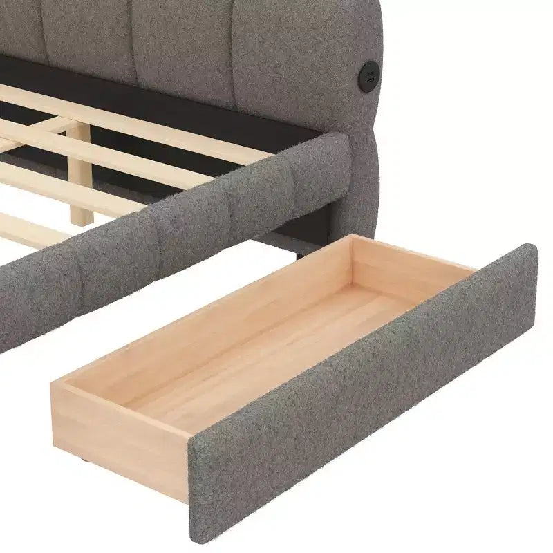 Lit plateforme rembourré King Size avec port USB et 2 tiroirs