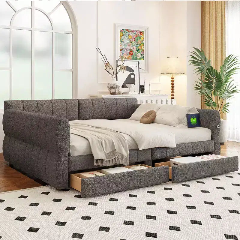 Whisen King Size Upholstered Platform Bed with USB and 2 Drawers