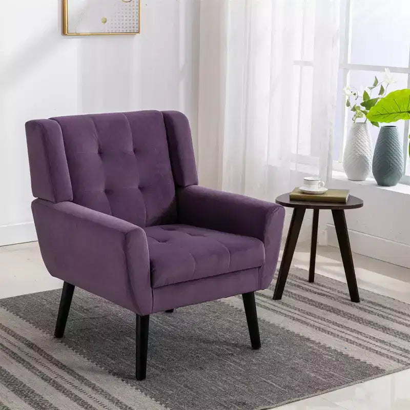 Etokfoks Velvet Upholstered Accent Chair 29.5W x 29.5D x 34.6H Padded Seat Curved Back Black Wood Legs for Living Room Bedroom