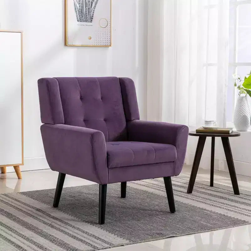 Fauteuil d'appoint rembourré en velours 75 L x 75 P x 88 H cm Assise capitonnée Dossier incurvé Pieds en bois noir pour salon et chambre