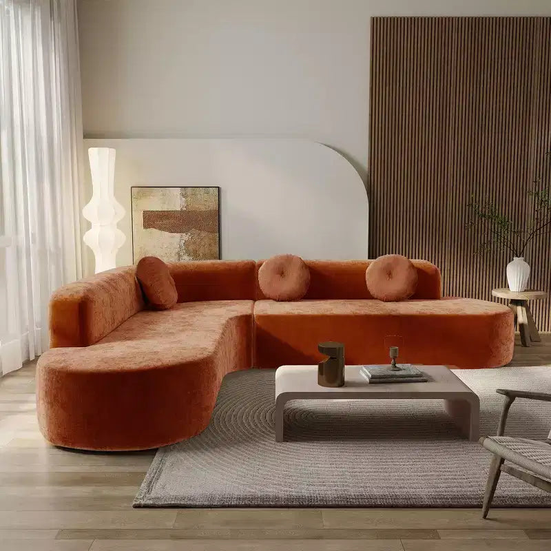 Canapé d'angle extra large Whisen 310 cm, canapé élégant en tissu avec trois coussins ronds, mousse haute résilience