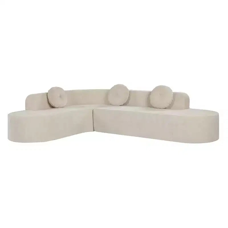 Canapé d'angle extra large Whisen 310 cm, canapé élégant en tissu avec trois coussins ronds, mousse haute résilience