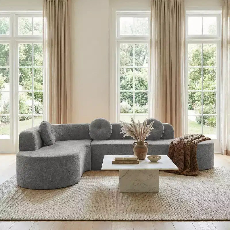 Canapé d'angle extra large Whisen 310 cm, canapé élégant en tissu avec trois coussins ronds, mousse haute résilience