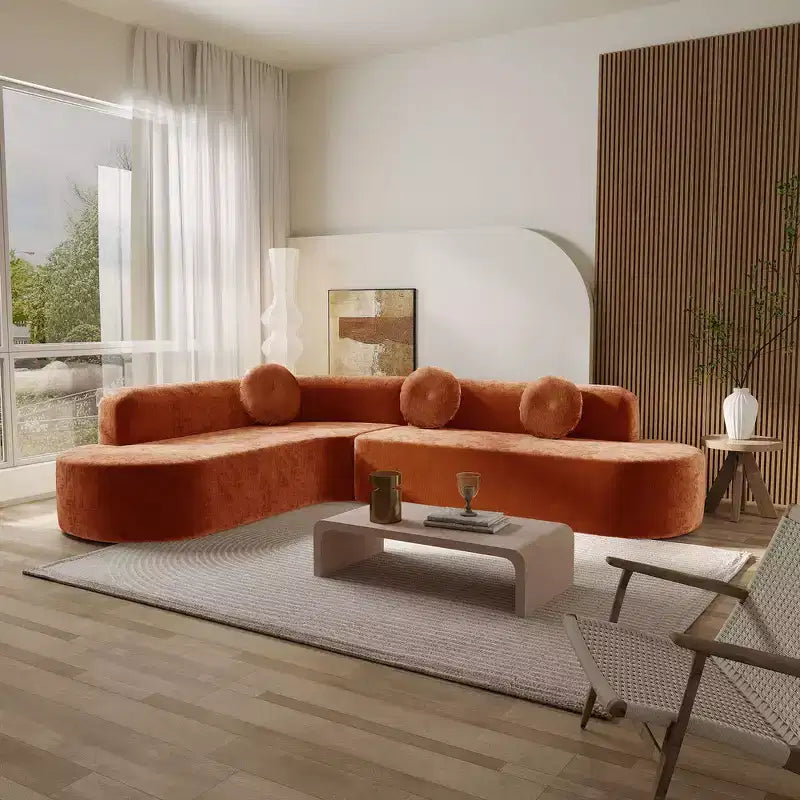 Canapé d'angle extra large Whisen 310 cm, canapé élégant en tissu avec trois coussins ronds, mousse haute résilience