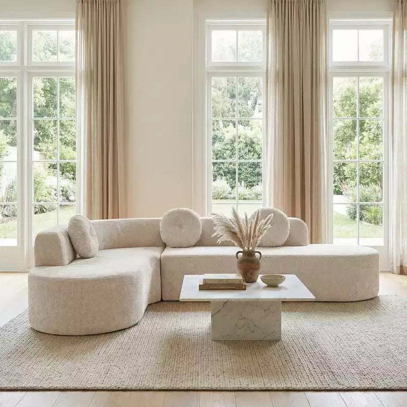 Canapé d'angle extra large Whisen 310 cm, canapé élégant en tissu avec trois coussins ronds, mousse haute résilience
