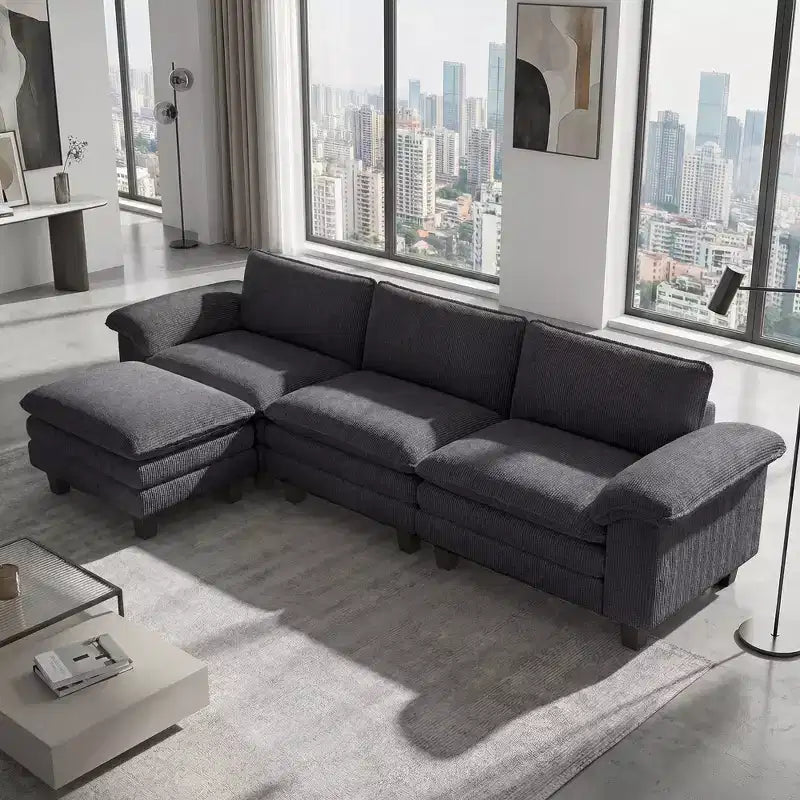 Canapé d'angle HOMCOM en forme de L avec assise profonde, pouf mobile et accoudoirs rembourrés