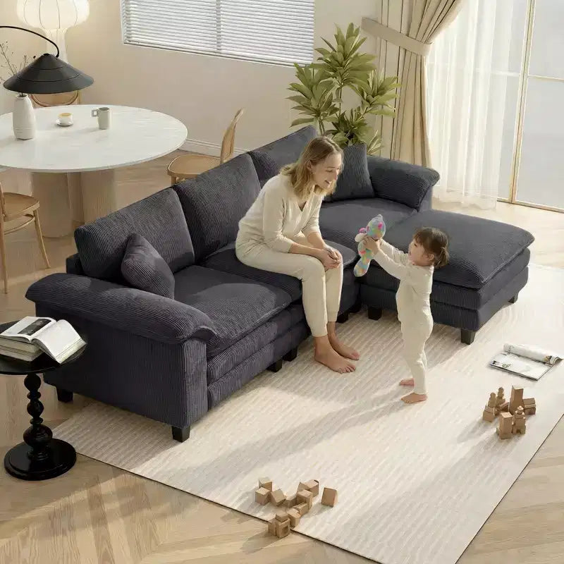Canapé d'angle HOMCOM en forme de L avec assise profonde, pouf mobile et accoudoirs rembourrés