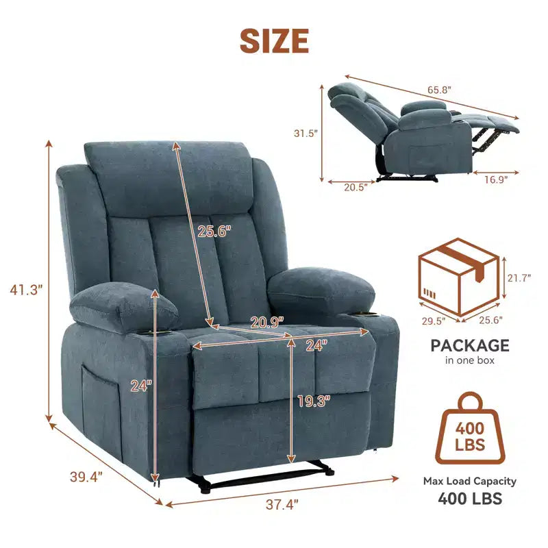 Fauteuil inclinable manuel surdimensionné COZONY avec massage vibrant, chauffage et poches latérales pour le salon