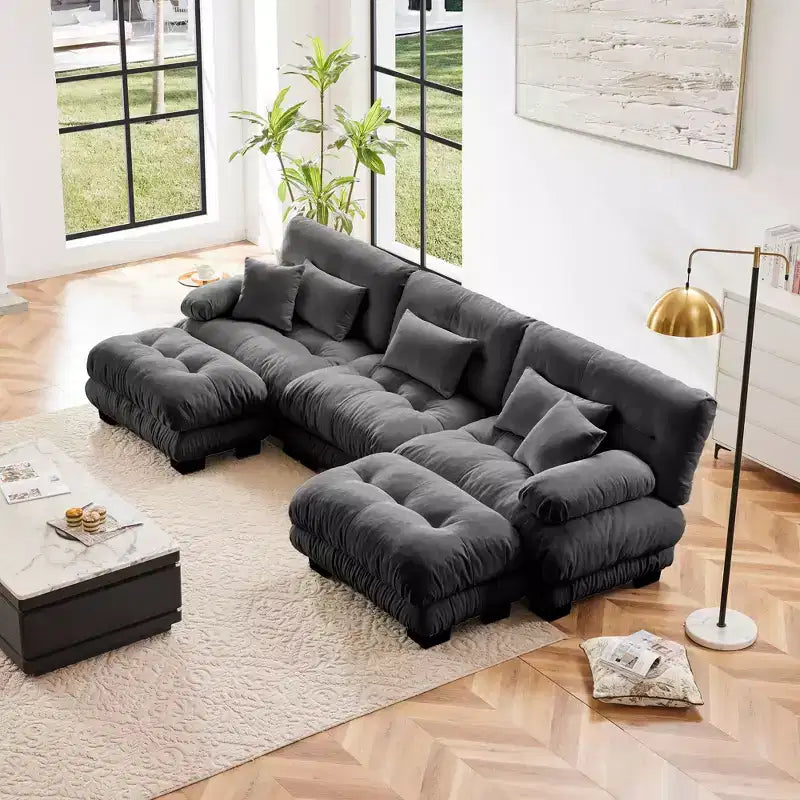 Canapé d'angle modulable de luxe MAYEERTY en forme de U avec 2 poufs pour salon, gris