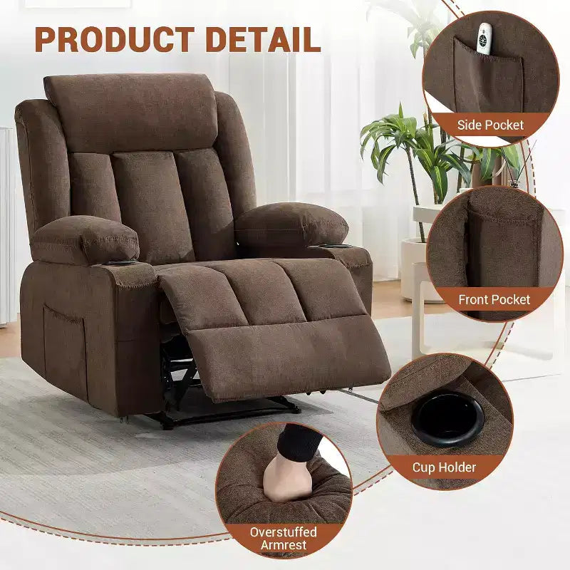 Fauteuil Inclinable de Massage Surdimensionné avec Chaleur et Vibrations, Fauteuil Inclinable à Bascule Large avec Poches Latérales pour Salon, Chambre, Salle de Cinéma Maison
