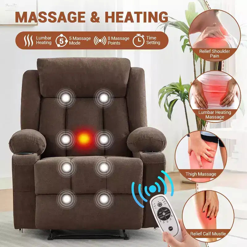 Fauteuil Inclinable de Massage Surdimensionné avec Chaleur et Vibrations, Fauteuil Inclinable à Bascule Large avec Poches Latérales pour Salon, Chambre, Salle de Cinéma Maison