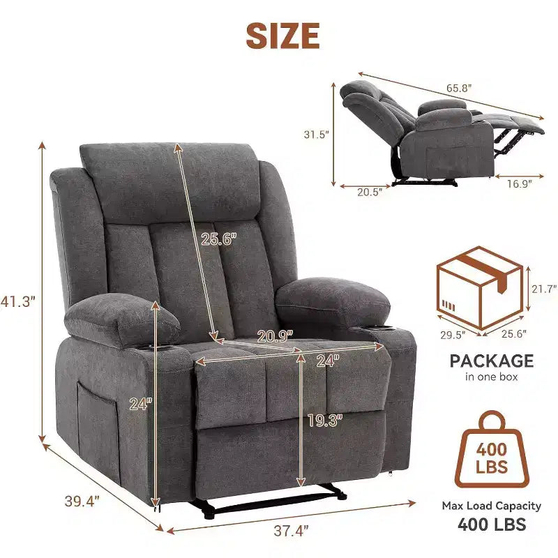 Fauteuil Inclinable de Massage Surdimensionné avec Chaleur et Vibrations, Fauteuil Inclinable à Bascule Large avec Poches Latérales pour Salon, Chambre, Salle de Cinéma Maison