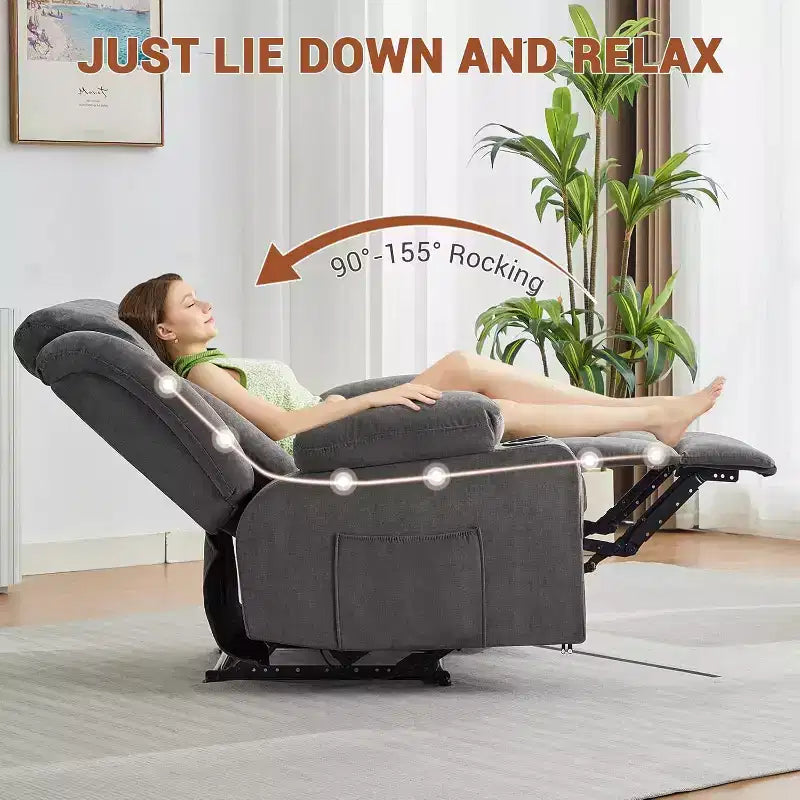 Fauteuil Inclinable de Massage Surdimensionné avec Chaleur et Vibrations, Fauteuil Inclinable à Bascule Large avec Poches Latérales pour Salon, Chambre, Salle de Cinéma Maison
