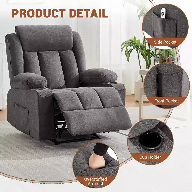 Fauteuil Inclinable de Massage Surdimensionné avec Chaleur et Vibrations, Fauteuil Inclinable à Bascule Large avec Poches Latérales pour Salon, Chambre, Salle de Cinéma Maison