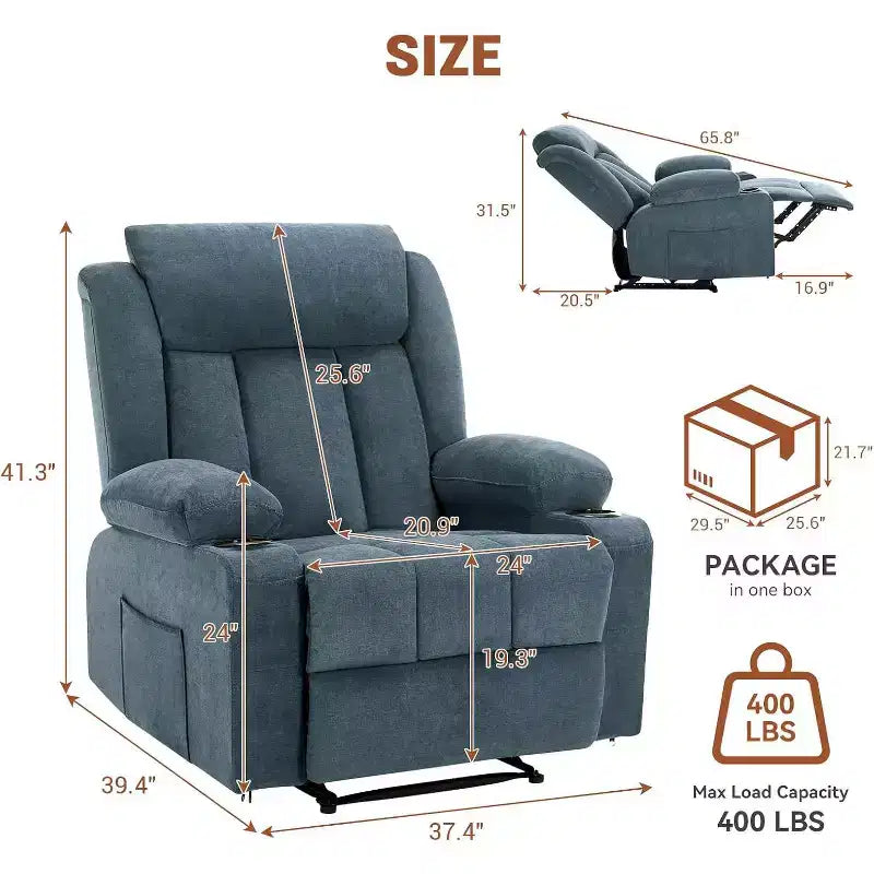 Fauteuil Inclinable de Massage Surdimensionné avec Chaleur et Vibrations, Fauteuil Inclinable à Bascule Large avec Poches Latérales pour Salon, Chambre, Salle de Cinéma Maison