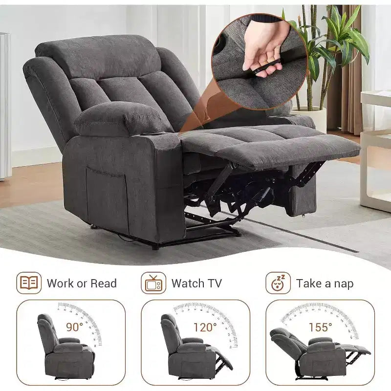 Fauteuil Inclinable de Massage Surdimensionné avec Chaleur et Vibrations, Fauteuil Inclinable à Bascule Large avec Poches Latérales pour Salon, Chambre, Salle de Cinéma Maison