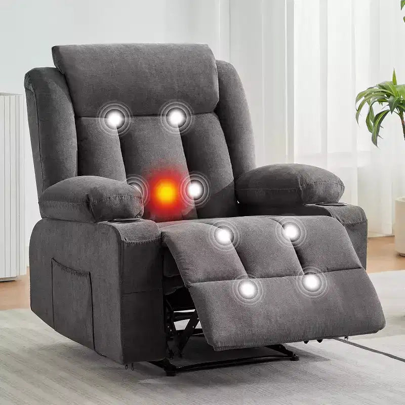 Fauteuil Inclinable de Massage Surdimensionné avec Chaleur et Vibrations, Fauteuil Inclinable à Bascule Large avec Poches Latérales pour Salon, Chambre, Salle de Cinéma Maison