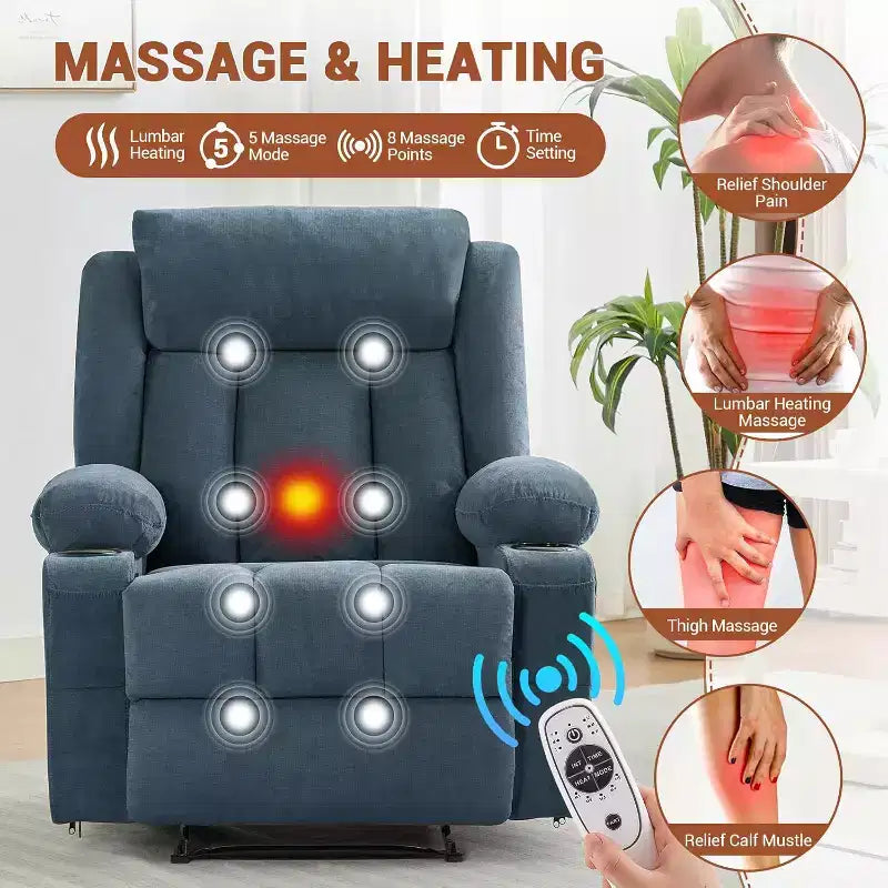 Fauteuil Inclinable de Massage Surdimensionné avec Chaleur et Vibrations, Fauteuil Inclinable à Bascule Large avec Poches Latérales pour Salon, Chambre, Salle de Cinéma Maison