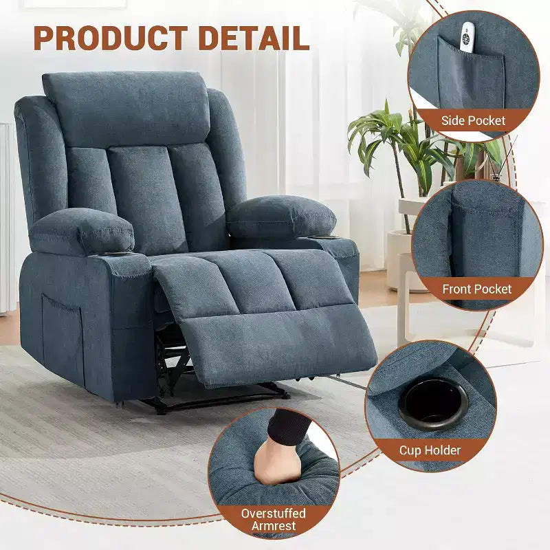 Fauteuil Inclinable de Massage Surdimensionné avec Chaleur et Vibrations, Fauteuil Inclinable à Bascule Large avec Poches Latérales pour Salon, Chambre, Salle de Cinéma Maison