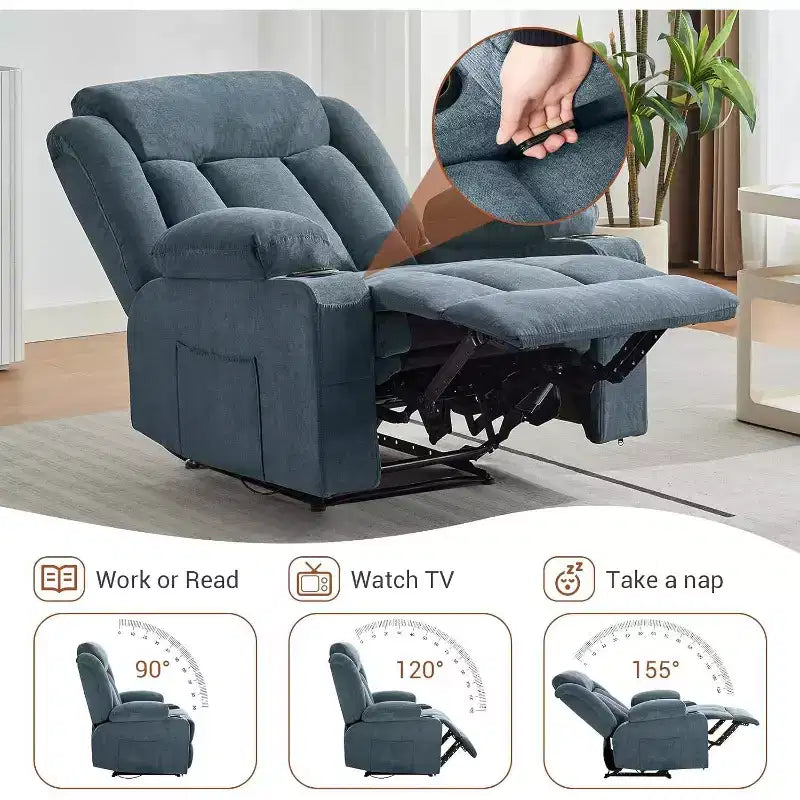 Fauteuil Inclinable de Massage Surdimensionné avec Chaleur et Vibrations, Fauteuil Inclinable à Bascule Large avec Poches Latérales pour Salon, Chambre, Salle de Cinéma Maison