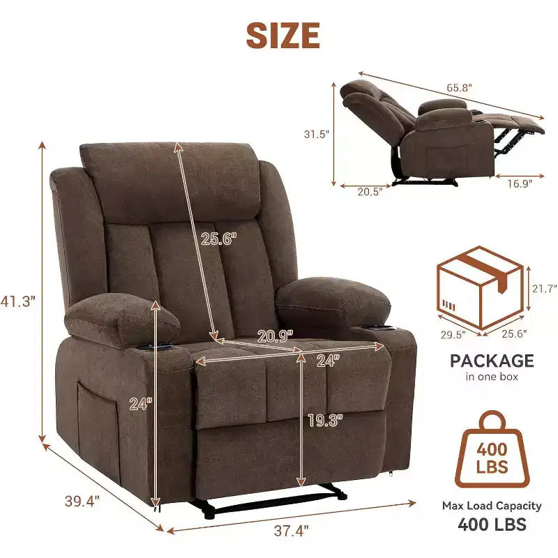 Fauteuil Inclinable de Massage Surdimensionné avec Chaleur et Vibrations, Fauteuil Inclinable à Bascule Large avec Poches Latérales pour Salon, Chambre, Salle de Cinéma Maison