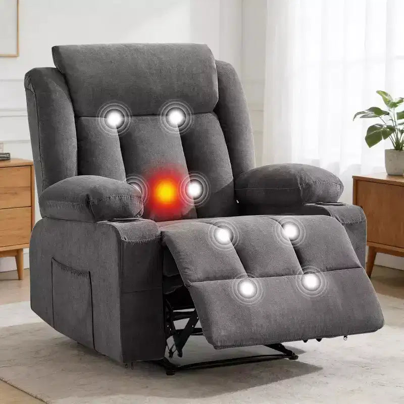 Fauteuil Inclinable de Massage Surdimensionné avec Chaleur et Vibrations, Fauteuil Inclinable à Bascule Large avec Poches Latérales pour Salon, Chambre, Salle de Cinéma Maison