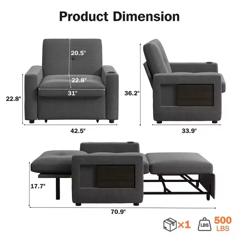 Dyonery 42.5 Canapé-lit convertible avec lit gigogne, fauteuil inclinable 3-en-1 avec dossier réglable, ports USB et tablette latérale